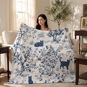 Cat Toile Pattern Throw Blanket,Blue Botanical Cat Fleece Blankets,Soft Cozy Couch Blanket,Chinoiserie Cat Toile Blanket for Bedding Office