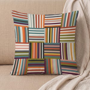 Retro Multi Color Striped Patchwork Throw Pillow Cover, Vintage Rainbow Stripe Square Cushion Case, Warm Tone Sofa Decor Accent Pillowcase