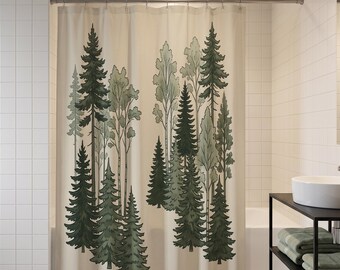 Vintage Pine Tree Forest Shower Curtain, Neutral Woodland Wilderness Bath Decor, Rustic Evergreen Tree Bathroom Curtain, Nature Home Decor