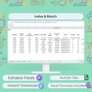 May include: A computer screen displaying an Excel spreadsheet with data analysis. The spreadsheet includes columns for sessions, bounce rate, and revenue. Text on the screen reads "Index & Match," "Editable Fields," and "Instant Download."