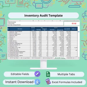 May include: An Excel spreadsheet template for inventory auditing, with multiple tabs and editable fields. The document displays financial data, with the title "Inventory Audit Template" and the words "Instant Download".