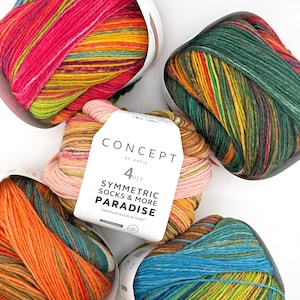 Pode incluir: Cinco novelos de fio multicolorido em tons de rosa, verde, laranja e azul. O fio é rotulado como "CONCEPT BY KATIA 4 PLY SYMMETRIC SOCKS & MORE PARADISE". O fio é enrolado em bolas e apresentado em embalagens brancas.