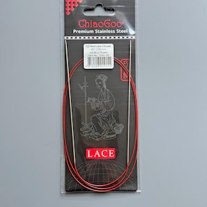 May include: A package of ChiaoGoo SS Red Lace Circular knitting needles. The needles are 40 inches (100 cm) long, size US 00 (1.75 mm). The package is black with red accents and features a drawing of a woman.