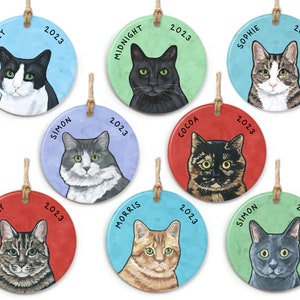 May include: Nine round ceramic ornaments with cat portraits and names. Each ornament has a different cat breed and a different colored background. The ornaments are decorated with the year 2023.
