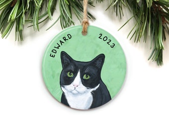 Adorno de gato negro personalizado, adorno de gato personalizado, regalo de gato de esmoquin, adorno de Navidad de gato blanco y negro, adorno de gato de esmoquin