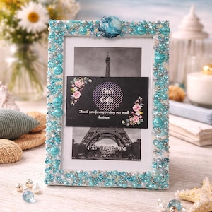 Handmade Blue & White Wave Pearl and Rhinestone Photo Frame 6x4