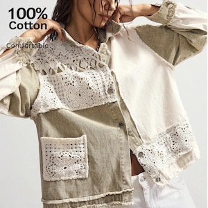 May include: A long-sleeve button-down shirt featuring a patchwork design of olive green denim and off-white fabric. The garment includes white crochet lace panels on the chest and a matching crochet pocket. Text reads 100% Cotton Comfortable.