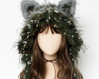Handmade forest Moss Green Cat Ear  Hood  Y2K Style Winter Hood