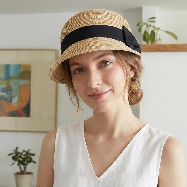 Chapéu de palha feminino, elegante chapéu para passeios ao sol, adequado para a praia, férias de primavera e verão e looks do dia a dia.