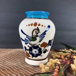 Vase en grès de poterie mexicaine vintage bleu turquoise brun oiseau floral