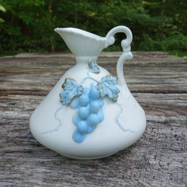 Vintage Lefton Bisque Porcelain Ewer Vase Applied Grapes Leaves Painted Blue Gold Accents