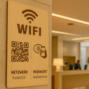 Könnte beinhalten: Ein Holzschild mit dem Wort "WIFI" und einem Wi-Fi-Symbol. Darunter befinden sich ein QR-Code, ein NFC-Symbol und die Wörter "NETZWERK hotel123" und "PASSWORT feellikehome". Das Schild ist an einer beigen Wand befestigt.