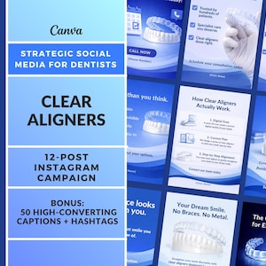 Durchsichtige Aligners Instagram Post Template für Zahnärzte | Klare Aligners Social Media Kit | 12-Post-Zahnpflege Paket | Canva Bearbeitbar