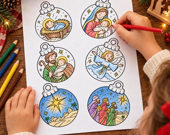May include: A white sheet of paper featuring six circular Christmas ornament illustrations depicting nativity scenes, including the baby Jesus, Mary, Joseph, an angel, a star, and the three wise men, being colored with a red pencil.