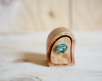 Small wood box. Ring box. Wedding ring box. Bandsaw box. wood grain. australian wood. glass drawer knob. teal aqua sculptured glass