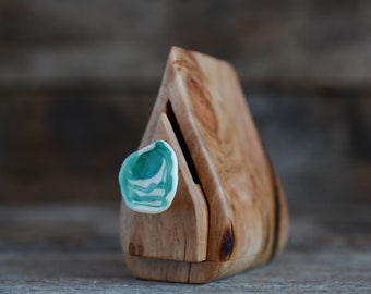 tiny wooden Australian reclaimed timber collectible box with sculptural handmade watery glass drawer pull