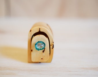 Huon Pine box. Tiny box. Little wooden box. Small box. Wood ring box. Pale aqua glass. Glass drawer knob. Wedding ring box.