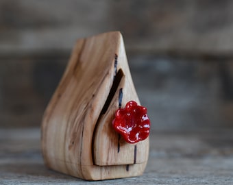 tiny wooden Australian reclaimed timber collectible box with sculptural handmade red glass drawer pull