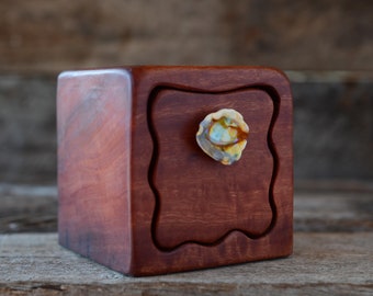 Australian reclaimed River Redgum Cube box with wavy drawer and handmade glass drawer pull