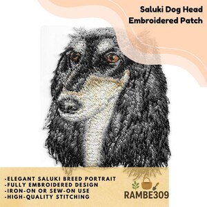 May include: Embroidered patch featuring a Saluki dog head. The patch has a detailed design with black, gray, and cream-colored threads. The text "Saluki Dog Head Embroidered Patch" is at the top. Additional text includes "ELEGANT SALUKI BREED PORTRAIT" and "IRON-ON OR SEW-ON USE".