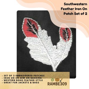 May include: Set of two embroidered feather patches with a Southwestern boho style. Each patch features a white feather with red accents and black detailing. The patches are iron-on and suitable for jackets and bags.