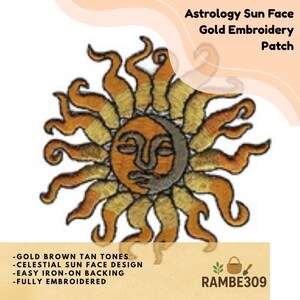 May include: An embroidery patch featuring an astrology sun face design in gold, brown, and tan tones. The sun has a central face with closed eyes and a crescent moon shape integrated into the side. It has wavy rays extending outward.