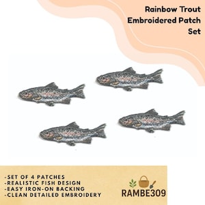 May include: Set of four embroidered rainbow trout patches. Each patch features a detailed design with realistic colors. The patches have an easy iron-on backing. The text "Rainbow Trout Embroidered Patch Set" is at the top.