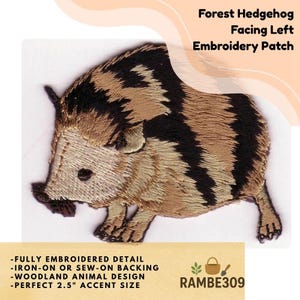 Forest Hedgehog Embroidered Patch Facing Left Iron On Sew On Woodland Applique