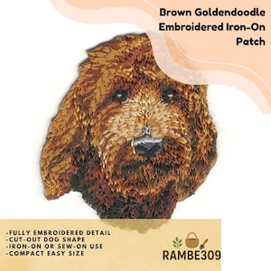 May include: A brown Goldendoodle embroidered iron-on patch. The patch features a detailed cut-out dog shape. The patch can be ironed on or sewn on. The text on the patch says "Brown Goldendoodle Embroidered Iron-On Patch". The patch is a compact size.