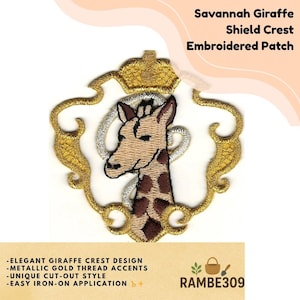May include: Embroidered patch featuring a giraffe within a gold shield crest design. The patch has metallic gold thread accents and the text "Savannah Giraffe Shield Crest Embroidered Patch". The patch also has the text "ELEGANT GIRAFFE CREST DESIGN".