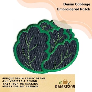 May include: Embroidered denim cabbage patch with green leaf details. The patch features a unique denim fabric and is designed for easy iron-on application. The text on the patch says "Denim Cabbage Embroidered Patch".