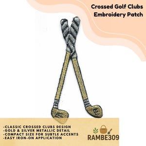 Crossed Golf Clubs Embroidered Patch Gold Silver Metallic Iron On Applique