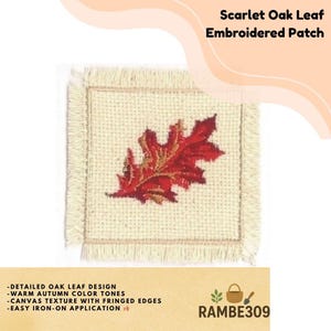 Scarlet Oak Leaf Embroidered Patch Autumn Fall Canvas Fringe Iron-On Applique 2.75"
