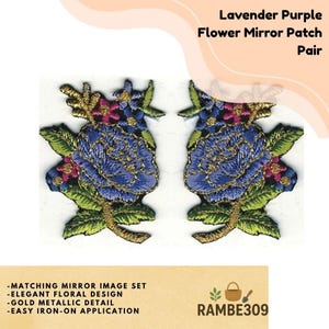 Lavender Purple Flower Patch Pair Mirror Image 1" x 1.75" Embroidered Iron On Applique