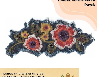 8" Distressed Denim Flower Embroidered Patch, Sew On Floral Applique
