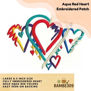 May include: An embroidered patch featuring multiple hearts in red, aqua, yellow, and purple. The patch has the text "Aqua Red Heart Embroidered Patch" and the size is 8.5 inches. The design includes the text "-LARGE 8.5 INCH SIZE -FULLY EMBROIDERED HEART -BOLD AQUA RED COLORS -EASY IRON-ON BACKING".