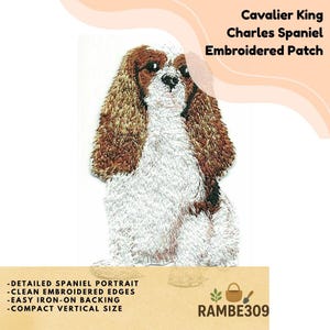 May include: Embroidered patch featuring a Cavalier King Charles Spaniel. The patch has a detailed portrait of the dog with clean embroidered edges and easy iron-on backing. The text on the patch reads "Cavalier King Charles Spaniel Embroidered Patch".