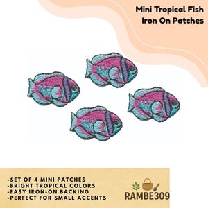 May include: Four mini iron-on patches featuring a tropical fish design. The fish have a vibrant color scheme, with pink bodies, blue fins, and black stripes. The patches are designed for easy application and are ideal for adding accents to clothing or accessories.
