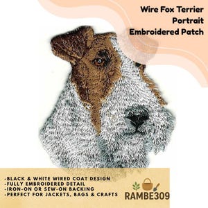 May include: Embroidered patch featuring a Wire Fox Terrier portrait. The patch has a black and white wired coat design with brown accents. It is fully embroidered and can be ironed on or sewn onto jackets, bags, and crafts. The text "Wire Fox Terrier Portrait Embroidered Patch" is visible.
