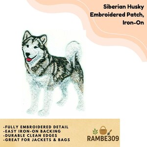 May include: Embroidered iron-on patch featuring a detailed Siberian Husky dog. The patch is white, black, and gray, with a red tongue. Text on the patch reads "Siberian Husky Embroidered Patch, Iron-On". Additional text states "Fully Embroidered Detail, Easy Iron-On Backing, Durable Clean Edges, Great for Jackets & Bags".