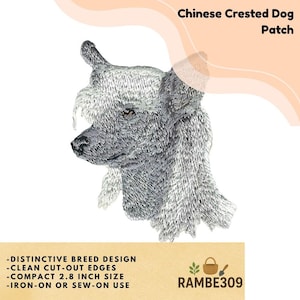 May include: A detailed embroidered patch featuring a Chinese Crested Dog. The patch is gray and white, with a detailed depiction of the dog's face. The patch is 2.8 inches in size and can be ironed on or sewn on. The text "Chinese Crested Dog Patch" is at the top.