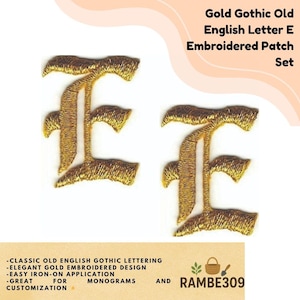 May include: Two gold embroidered letter "E" patches in a classic Gothic font. The patches have an elegant gold embroidered design and are easy to iron on. Great for monograms and customization. The text on the image says "Gold Gothic Old English Letter E Embroidered Patch Set".