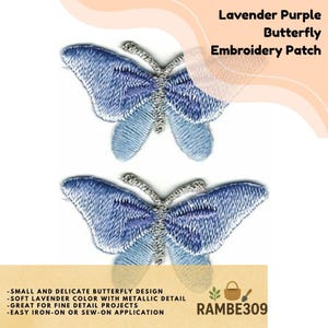 May include: Two lavender purple butterfly embroidery patches with metallic detail. The patches have a small and delicate design, perfect for fine detail projects. The patches are easy to iron on or sew on. The text on the image says "Lavender Purple Butterfly Embroidery Patch".