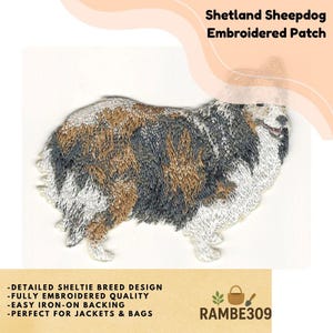 May include: Embroidered patch featuring a Shetland Sheepdog. The patch is detailed with brown, gray, and white thread, depicting the dog's fur. Text on the patch reads "Shetland Sheepdog Embroidered Patch". Additional text includes "Detailed Sheltie Breed Design" and "Easy Iron-On Backing".