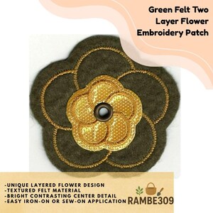 May include: Green felt two-layer flower embroidery patch. The patch features a unique layered design with a textured felt material. The center detail is bright and contrasting. The patch is easy to iron on or sew on.