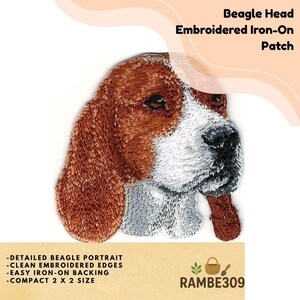 May include: Embroidered iron-on patch featuring a detailed beagle head portrait. The patch has clean embroidered edges and easy iron-on backing. It measures 2 x 2 inches and displays the text "Beagle Head Embroidered Iron-On Patch".