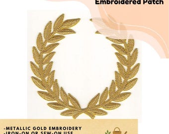4.5" Gold Metallic Laurel Wreath Embroidered Patch, Iron-On Sew-On SCA Applique