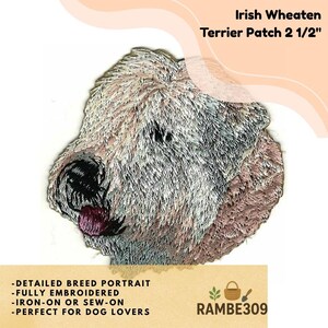 May include: Embroidered Irish Wheaten Terrier patch, 2.5 inches in size. The patch features a detailed portrait of the dog's head, with a light brown and gray color scheme. The patch is fully embroidered and can be ironed on or sewn on.