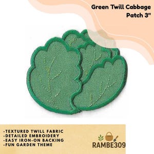 May include: Green twill cabbage patch, 3 inches in size, with detailed embroidery and easy iron-on backing. The patch features a fun garden theme. The patch is made of textured twill fabric. The text "Green Twill Cabbage Patch 3" is visible.