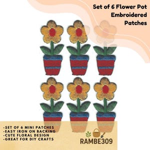 Set of 6 Flower Pot Embroidered Patches, Mini Iron On Floral Appliques